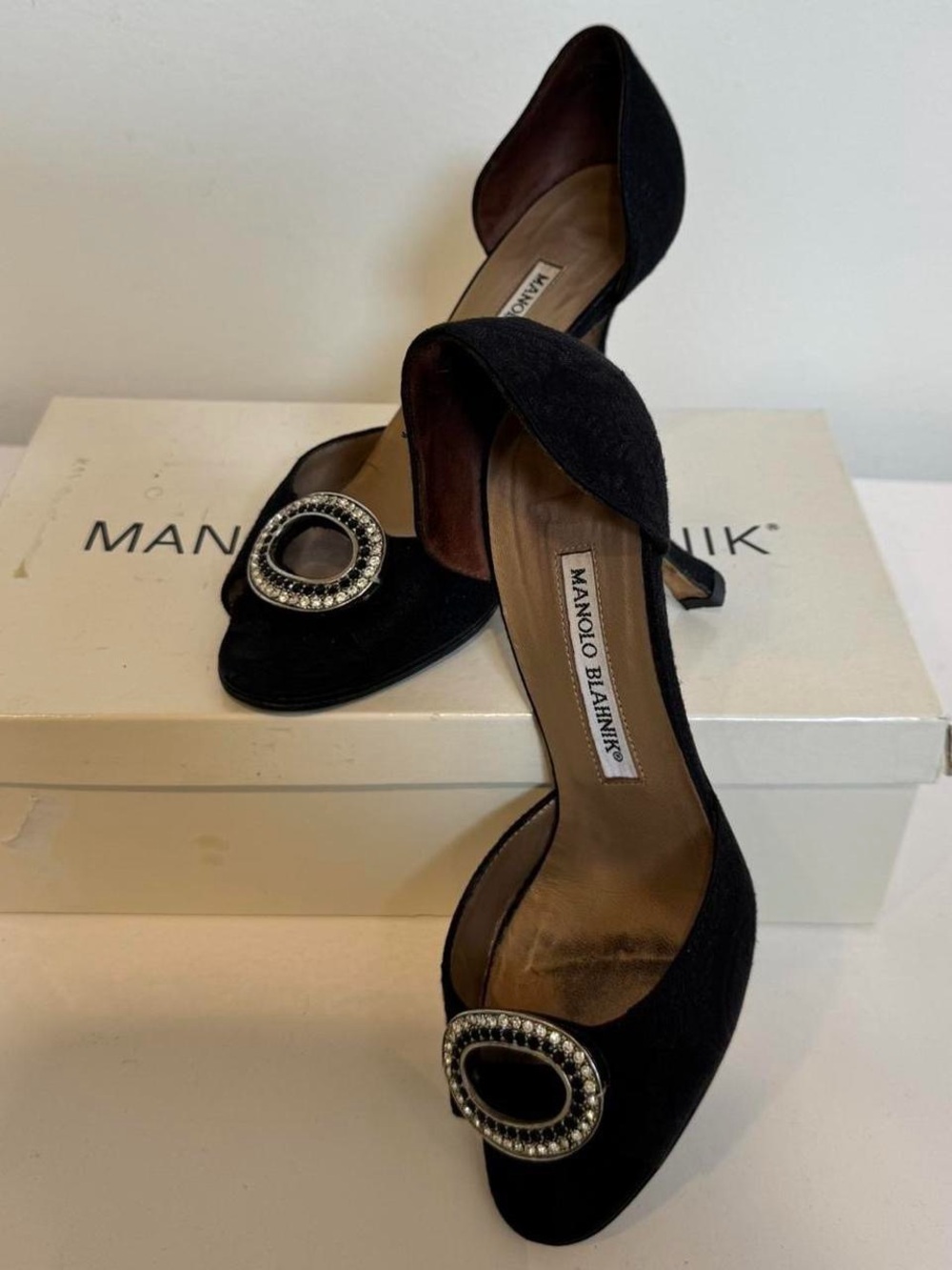 Manolo Blahnik Black Suede D'Orsay Pumps with Crystal Oval Buckle